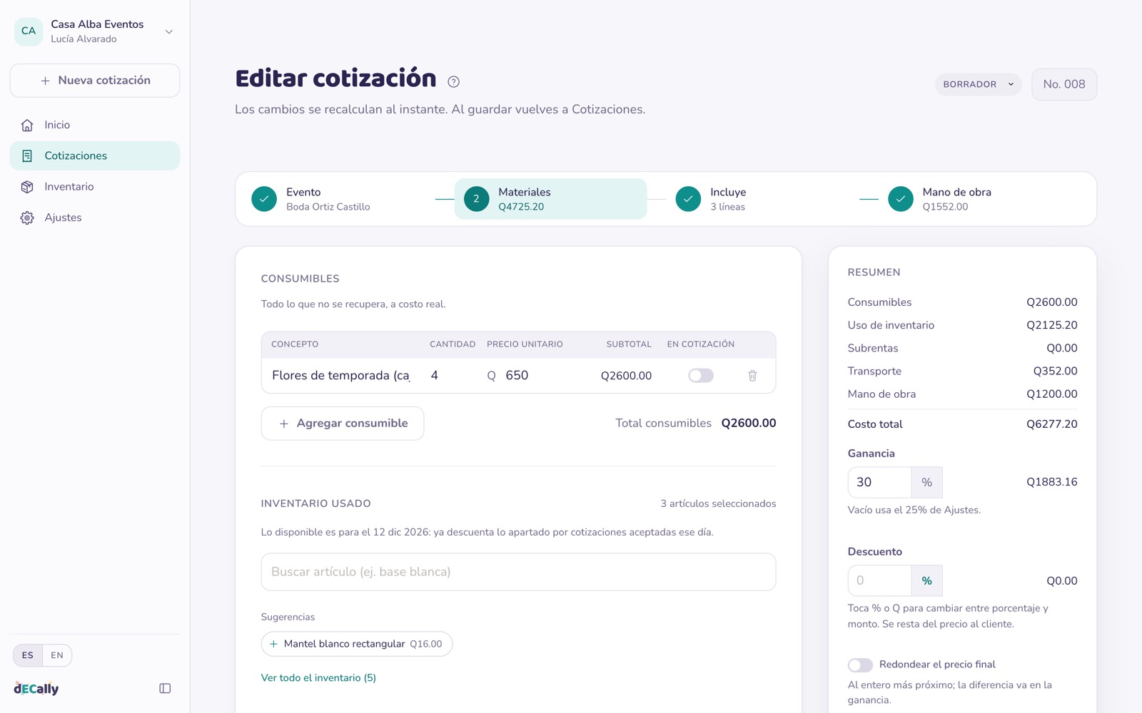 El Cotizador de dECally en el paso Materiales, con consumibles, inventario y el resumen del precio